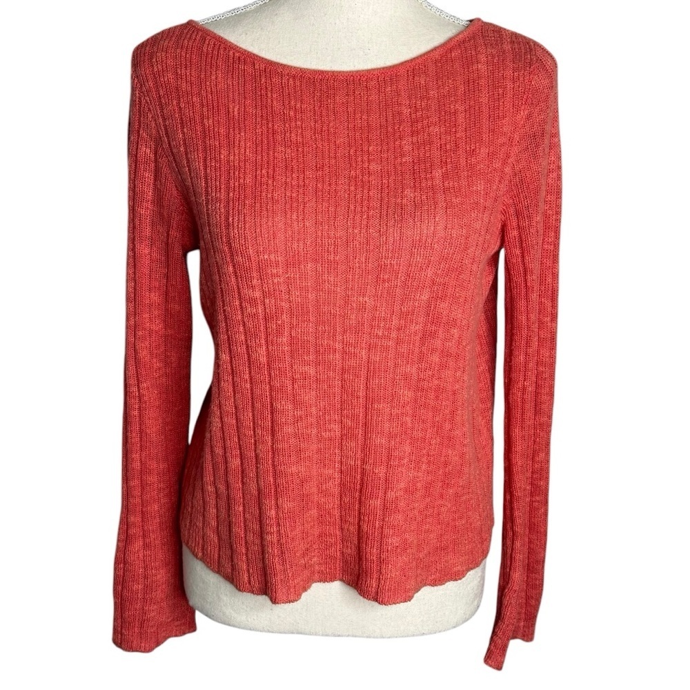 Eileen Fisher Coral Organic Linen Cotton Ribbed Boat Neck Sweater XS